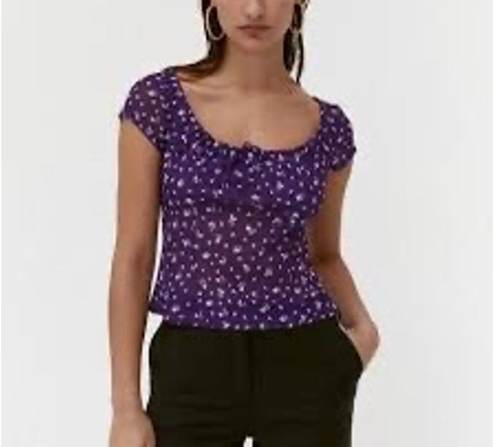 NEW Musier Paris Sheer Mesh Babydoll Top Floral Purple Cropped Small 36 Size 4